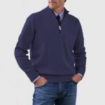 Men's Stand Collar Zipper Sweater Winter Fashion Solid Color Long Sleeve Knitted Top Clothing — Dark Blue
