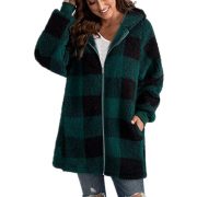 European Velvet Women's Long-sleeved Plaid Hooded Zipper With Pockets Baggy Coat — Green