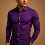 Men's Shirt Business Button Down Shirt Summer Solid Color Long Sleeve Lapel Vacation Shirt Fashion Temperament Casual Tops — Purple  A