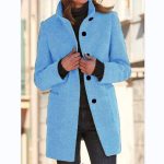 Fashion Stand Collar Woolen Coat With Pockets Fall Winter Casual Button Outwear For Women Clothing — Light Blue