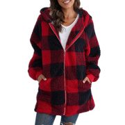 European Velvet Women's Long-sleeved Plaid Hooded Zipper With Pockets Baggy Coat — Green - Image 4