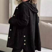 Women's Corduroy Hooded Jacket Fashion Warm Pockets Button Mid-length Top Casual Fall Winter Outwear Clothing — Black - Image 5