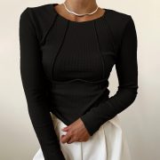 Slim Long Sleeve T-shirt Fashion Solid Color Split Thread Knitted Top Womens Clothing — Black - Image 6