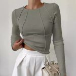Slim Long Sleeve T-shirt Fashion Solid Color Split Thread Knitted Top Womens Clothing — Bean green