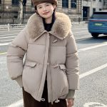 Down Cotton-padded Jacket Women's Short Fur Collar Thickened Coat Winter Clothing — Khaki