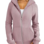 Women's Zipper Short Hood Fleece Lined Solid Color Hoodie Sweater — Pink