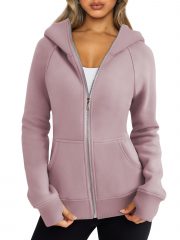 Women's Zipper Short Hood Fleece Lined Solid Color Hoodie Sweater — Army Green - Image 19