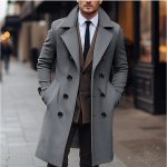Fall Winter Men Woolen Coat Double Breasted Long — Dark Gray