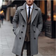 Fall Winter Men Woolen Coat Double Breasted Long — Khaki - Image 2