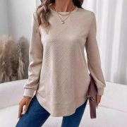 Women's Crew Neck Casual Long Sleeve Shirt — Khaki - Image 2