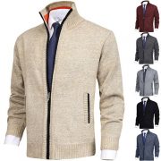 Men's Solid Color Stand Collar Cardigan Sweaters Coat — Wine Red - Image 3