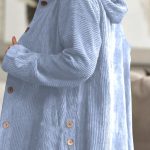 Women's Corduroy Hooded Jacket Fashion Warm Pockets Button Mid-length Top Casual Fall Winter Outwear Clothing — Sky Blue