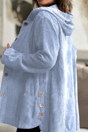 Women's Corduroy Hooded Jacket Fashion Warm Pockets Button Mid-length Top Casual Fall Winter Outwear Clothing — Black - Image 6