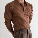 Lapel Button Long Sleeve Polo Shirt Slim Fashion Solid Striped Knitted Bottoming Shirt Top Men's Clothing — Dark Brown