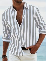 Men's Yarn-dyed Striped Casual Loose Long-sleeved Shirt — HDCS05 Dark Gray - Image 7