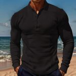 Lapel Button Long Sleeve Vacation Casual T-shirt — Black2