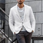 Cotton and linen solid color casual suit jacket — Grey - Image 7