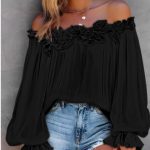 Casual Blouses Shoulder Off-Shoulder Long Sleeve Top Lotus Leaf Sleeve Shirt Loose Women's Clothing — Black
