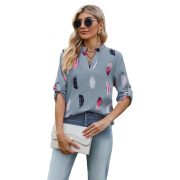 V-neck Feather Printed 34 Sleeves Loose Shirt — Black - Image 6