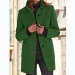 Fashion Stand Collar Woolen Coat With Pockets Fall Winter Casual Button Outwear For Women Clothing — Dark Green