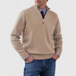 Men's Stand Collar Zipper Sweater Winter Fashion Solid Color Long Sleeve Knitted Top Clothing — Apricot