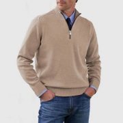 Men's Stand Collar Zipper Sweater Winter Fashion Solid Color Long Sleeve Knitted Top Clothing — Dark Purple - Image 6