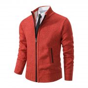 Men's Solid Color Stand Collar Cardigan Sweaters Coat — Wine Red - Image 19