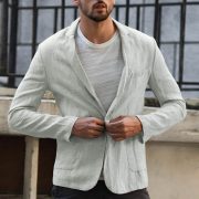 Cotton and linen solid color casual suit jacket — Grey
