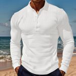 Lapel Button Long Sleeve Vacation Casual T-shirt — White 2