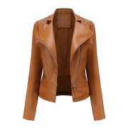 Beaded Leather Women's Long-sleeved Fashion Jacket Lapel Motorcycle Clothing Thin Women's Jacket — Beige - Image 7