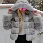 Women's Minimalist Hooded Patchwork Fur Grass Jacket — Light Grey