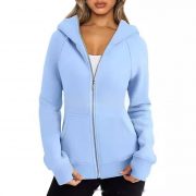 Women's Zipper Short Hood Fleece Lined Solid Color Hoodie Sweater — Army Green - Image 3