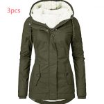 Solid Color Pocket Long-sleeve Zipper Fleece Padded Coat Women — Green 3pcs