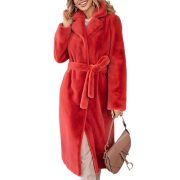 Women's Fashionable Elegant Lace-up Turn-down Collar Plush Long Coat — Red - Image 6
