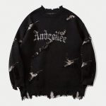 New Personality Street Jacquard Ripped Frayed Vintage Loose Sweater — Black