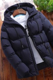 Winter Men's Solid Color Hooded Padded Coat — Navy blue