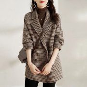 Suit Collar Houndstooth Woolen Coat Woman — Black - Image 3