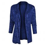 Women's Sequin Long Sleeve Temperament Mid-length Polo Collar Solid Color Coat — Navy Blue