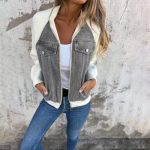 Denim Stitching Jacket Casual Fashion Raglan Sleeve Coat — Gray