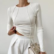 Slim Long Sleeve T-shirt Fashion Solid Color Split Thread Knitted Top Womens Clothing — Black - Image 2