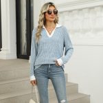 Lapel Long Sleeve Loose-fitting T-shirt Top Women — Light Blue