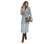Woolen Coat Simple Fashion V-neck Lace Up Long Coat For Women — Sky Blue
