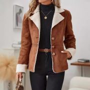 Casual Fashion Cold-proof Warm Fur Integrated Lapel Pocket Jacket — Black - Image 3