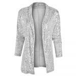Women's Sequin Long Sleeve Temperament Mid-length Polo Collar Solid Color Coat — Silver
