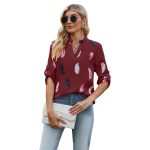 V-neck Feather Printed 34 Sleeves Loose Shirt — Wine Red