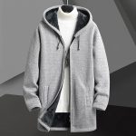 Fall Winter Men Fleece-lined Mid-length Zipper Hooded Sweater Cardigan — Light Gray