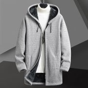 Fall Winter Men Fleece-lined Mid-length Zipper Hooded Sweater Cardigan — Dark Gray - Image 4
