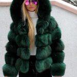 Women's Minimalist Hooded Patchwork Fur Grass Jacket — Dark green