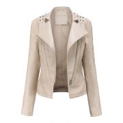 Beaded Leather Women's Long-sleeved Fashion Jacket Lapel Motorcycle Clothing Thin Women's Jacket — Beige