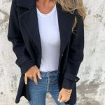 Women's Woolen Coat Casual Loose Lapels Faux Pocket Cardigan Wool Overcoat — Black